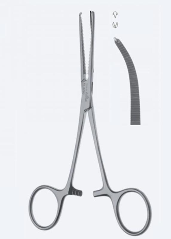 Зажими, хірургічні, гемостат, "Kocher", делік форма, вигнуті, зуб щелепи, зубці 2 х 1, з кремальєр, довжина 160 мм. Бренд - Asanus Medizintechnik Gmb, Німеччина